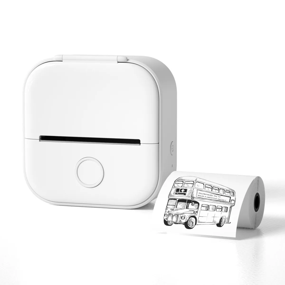 Inkless One pocket thermal printer with a roll of paper printing a line drawing of a double-decker bus